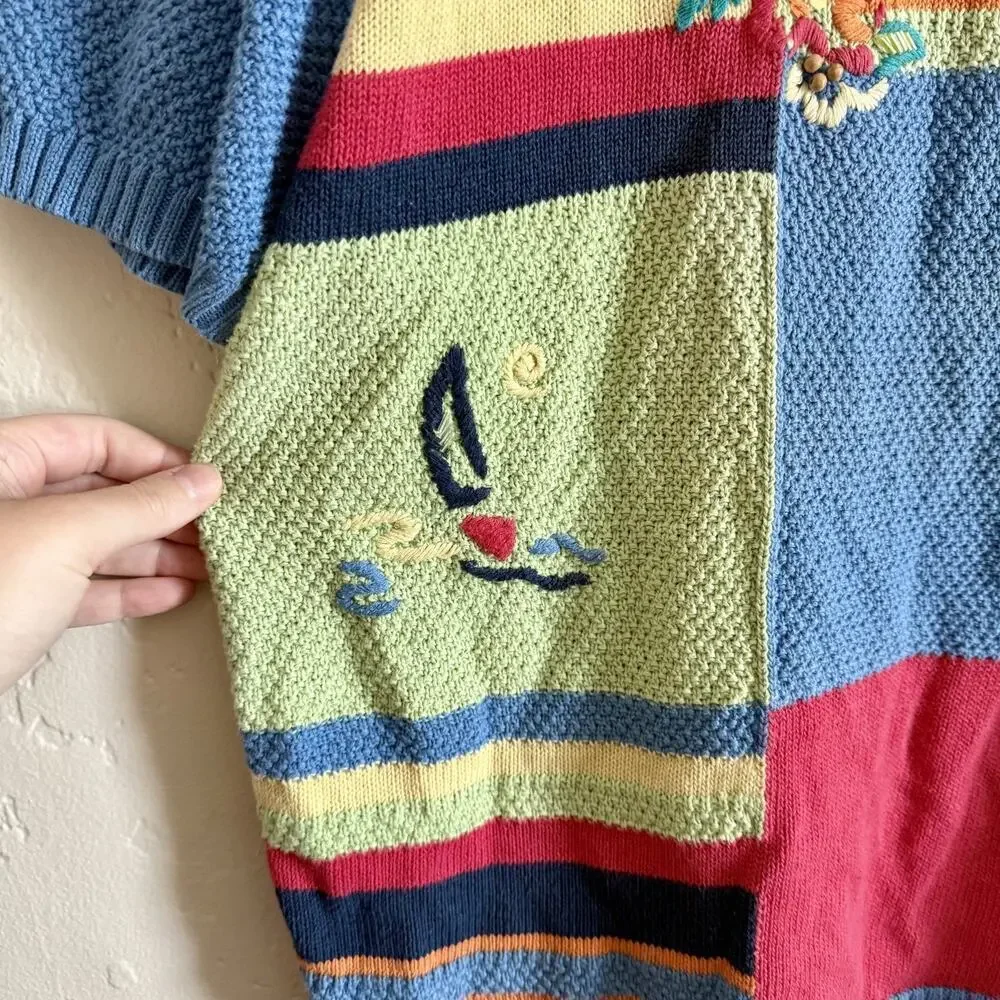Vintage 90s Koret Size 2X Sweater - Short Sleeve Multicolor Embroidery Knit